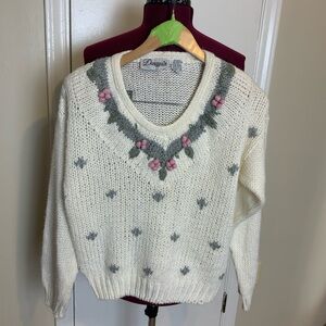 EUC VTG Floral V Neck Knit Pullover Sweater Ivory/Pink/Green M